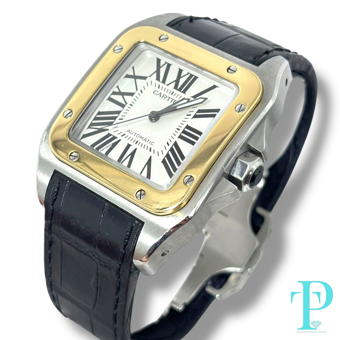 41MM CARTIER SANTOS 100 XL / 18KT YELLOW GOLD / STAINLESS STEEL / WHITE ROMAN DIAL / LEATHER BRACELET / AUTOMATIC MOVEMENT