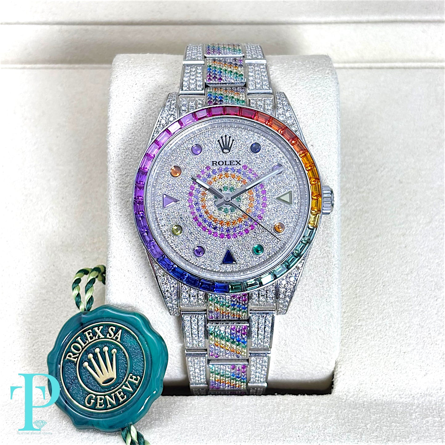 41MM ROLEX DATEJUST RAINBOW SAPPHIRE & DIAMOND BUSTDOWN MEN’S WATCH / REF. 116300