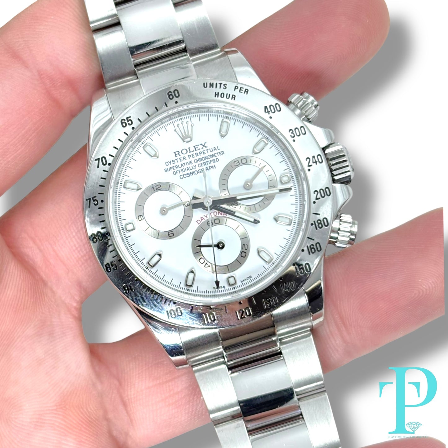 40MM ROLEX DAYTONA / STAINLESS STEEL / WHITE AND SILVER DIAL / OYSTER BRACELET / CHRONOGRAPH / AUTOMATIC MOVEMENT / REF.116520