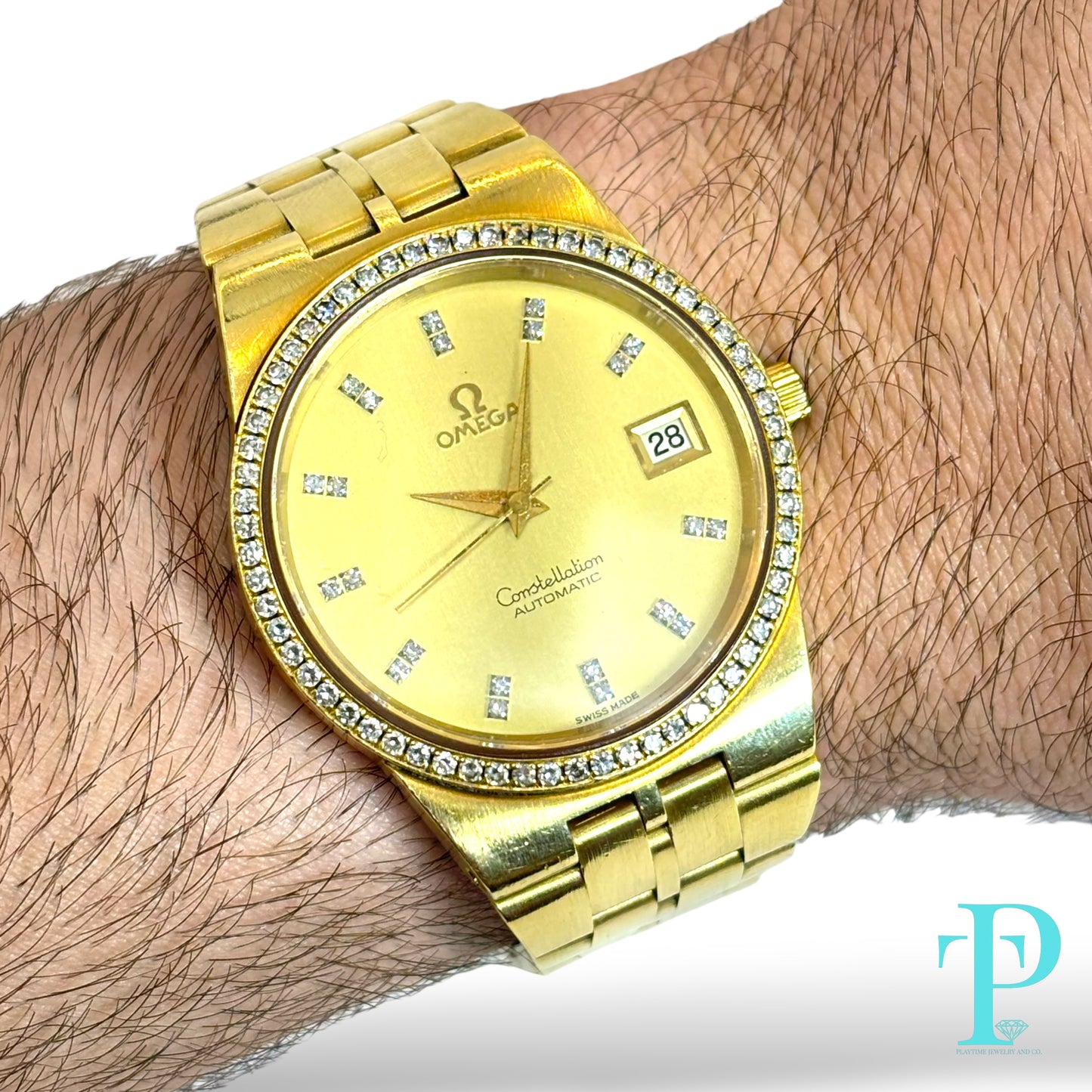 36MM OMEGA CONSTELLATION SOLID 18KT YELLOW GOLD / FACTORY DIAMOND SETTING / CHAMPAGNE DIAL DIAMOND HOUR MARKERS