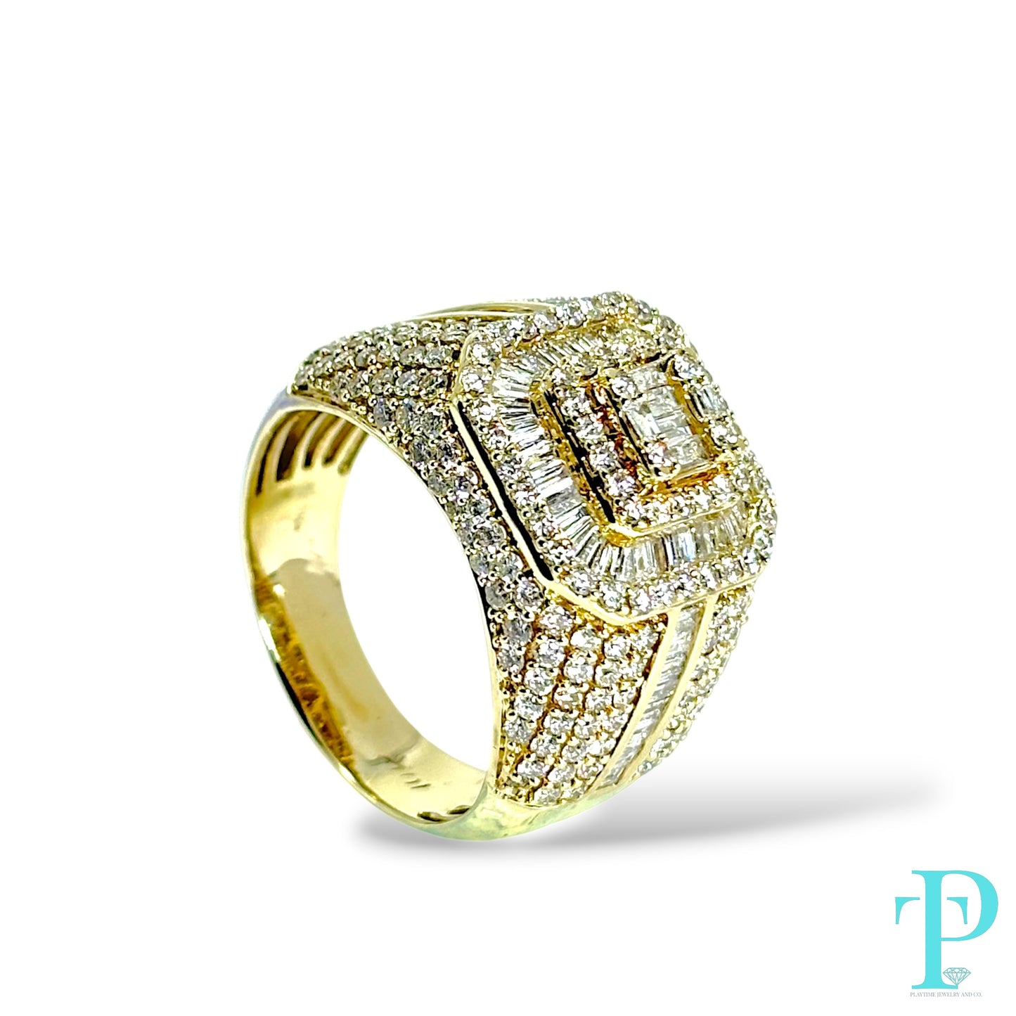 14KT GOLD MENS SQUARE TOP RING VVS-1 DIAMONDS