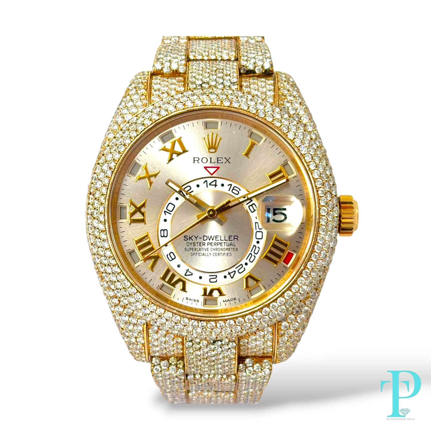 42MM 18KT ROSE GOLD ROLEX SKY-DWELLER PAVE VVS-1 DIAMOND BUSTDOWN MENS WATCH