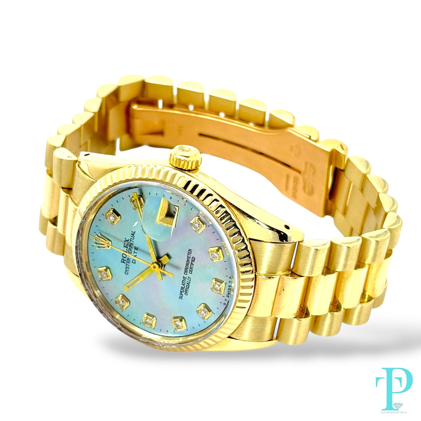 34MM ROLEX DATE REF.1510 / 14KT SOLID GOLD / MOP DIAL / PRESIDENTIAL BRACELET / AUTOMATIC