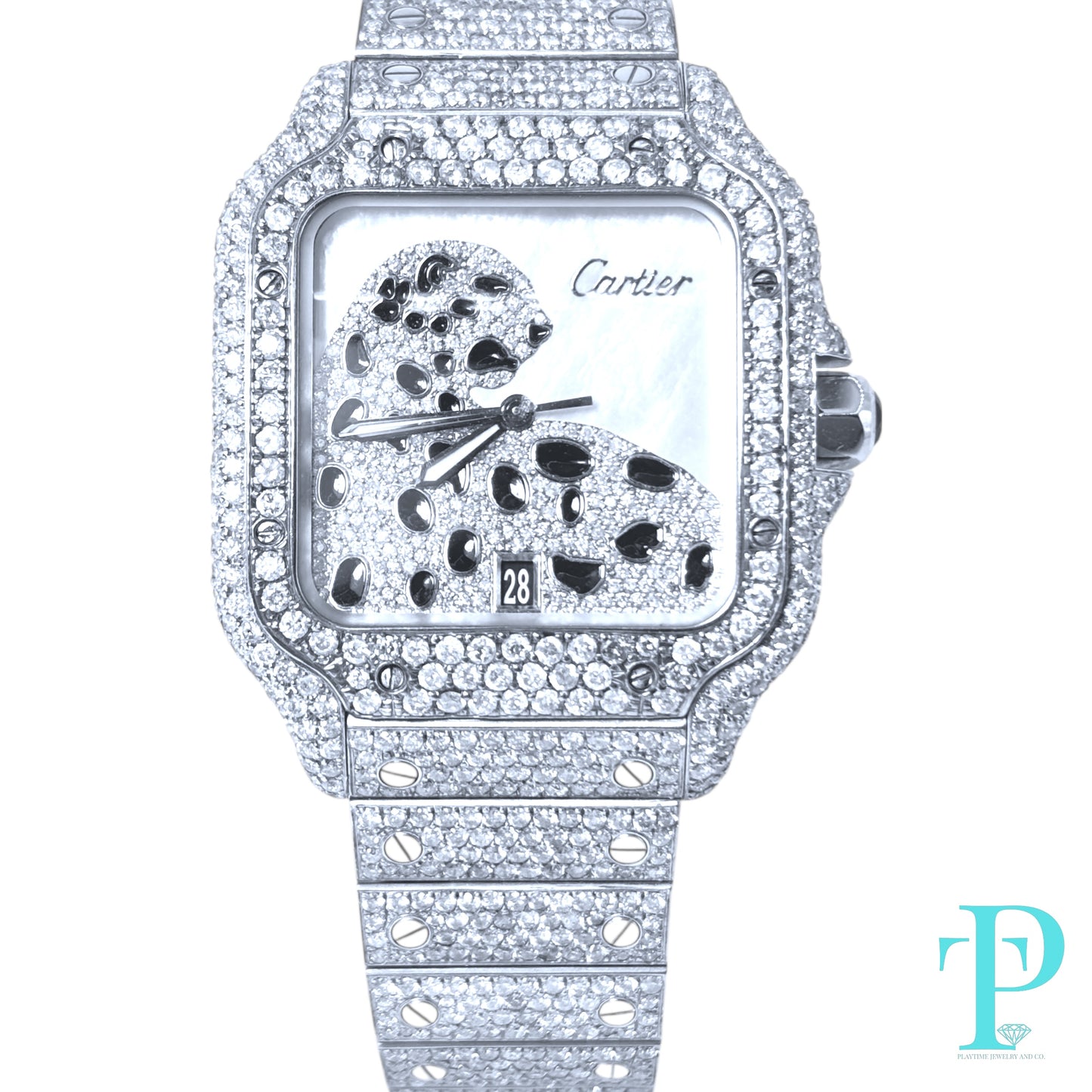 40MM CARTIER SANTOS BUSTDOWN/DIAMOND ENCRUSTED REF.4072 STAINLESS STEEL / MOP DIAMOND DIAL