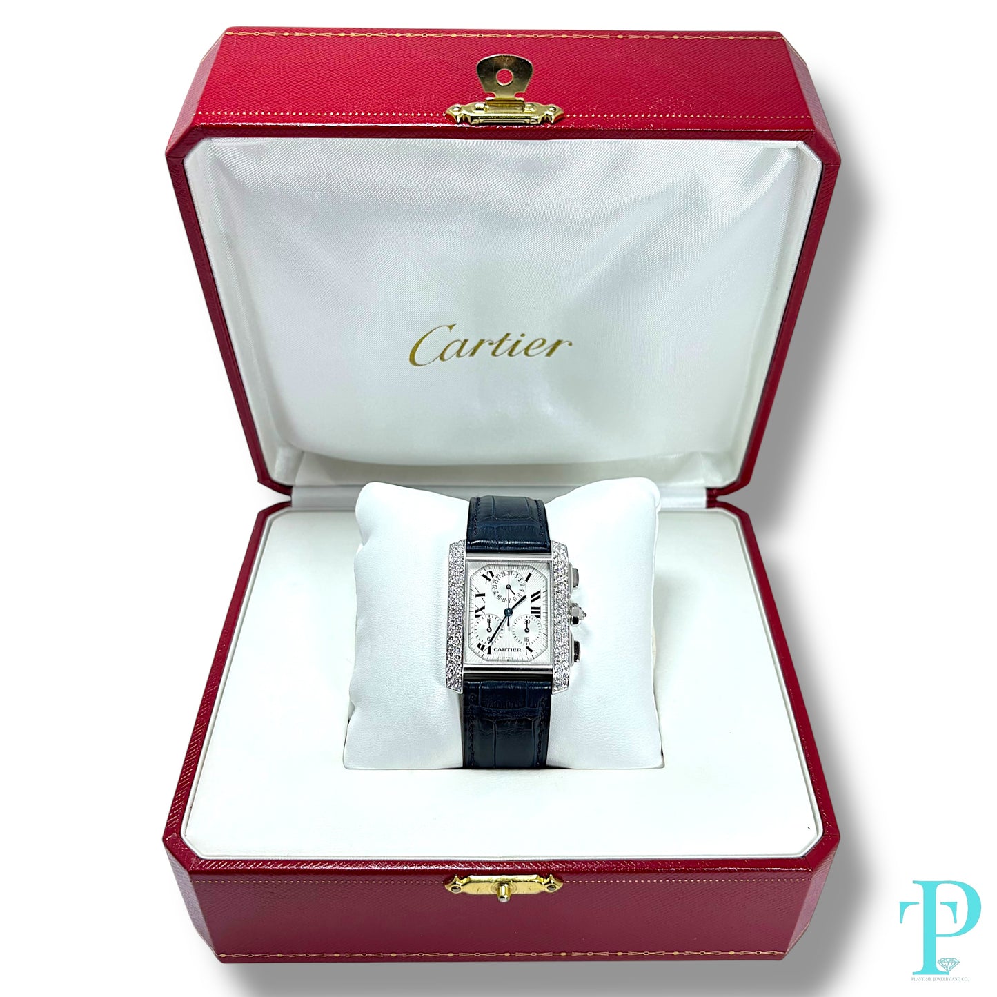 28MM CARTIER TANK FRANÇAISE CHRONOFLEX / 18KT WHITE GOLD / FACTORY DIAMOND BEZEL