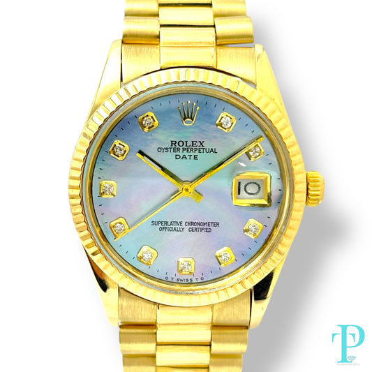 34MM ROLEX DATE REF.1510 / 14KT SOLID GOLD / MOP DIAL / PRESIDENTIAL BRACELET / AUTOMATIC