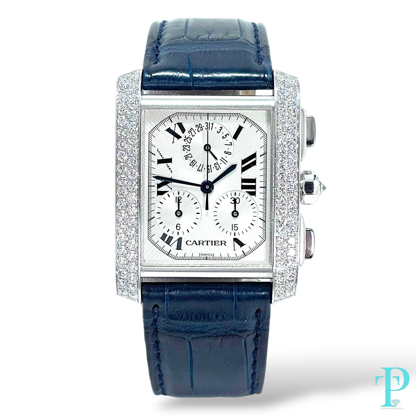 28MM CARTIER TANK FRANÇAISE CHRONOFLEX / 18KT WHITE GOLD / FACTORY DIAMOND BEZEL