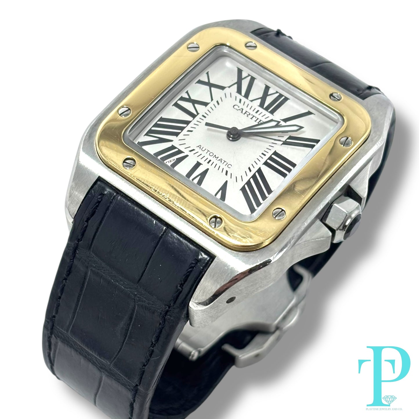 41MM CARTIER SANTOS 100 XL / 18KT YELLOW GOLD / STAINLESS STEEL / WHITE ROMAN DIAL / LEATHER BRACELET / AUTOMATIC MOVEMENT