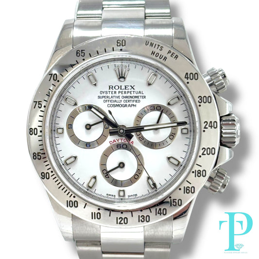 40MM ROLEX DAYTONA / STAINLESS STEEL / WHITE AND SILVER DIAL / OYSTER BRACELET / CHRONOGRAPH / AUTOMATIC MOVEMENT / REF.116520
