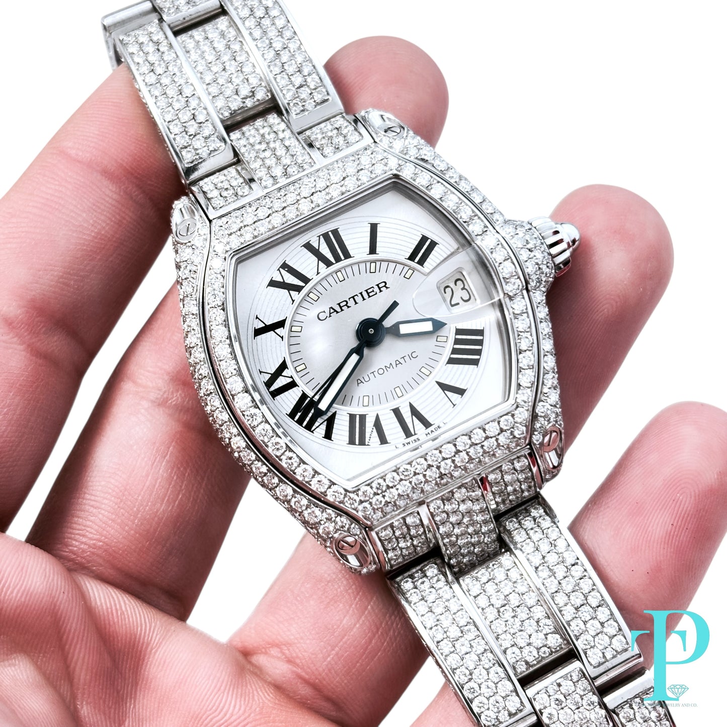 38MM CARTIER ROADSTER BUSTDOWN/DIAMOND ENCRUSTED REF. 2510 STAINLESS STEEL / WHITE ROMAN DIAL / AUTOMATIC MOVEMENT