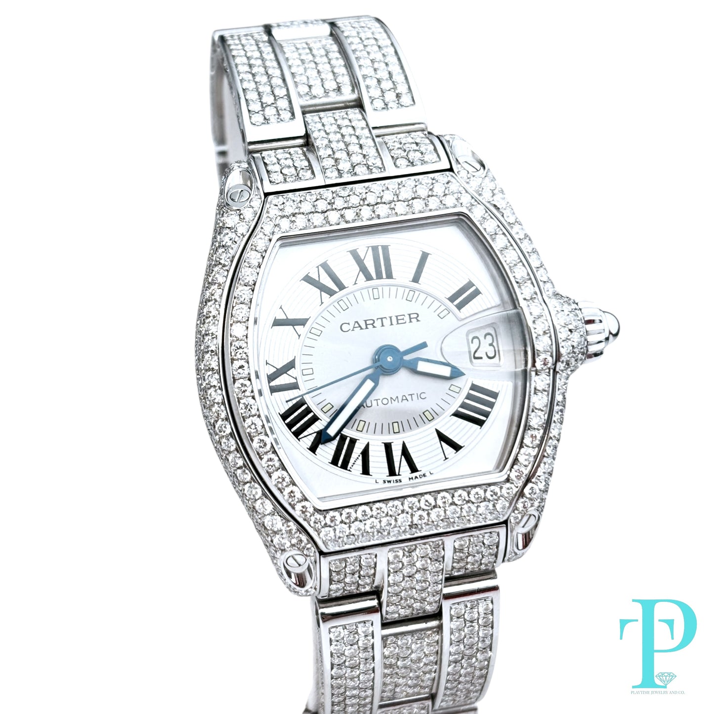 38MM CARTIER ROADSTER BUSTDOWN/DIAMOND ENCRUSTED REF. 2510 STAINLESS STEEL / WHITE ROMAN DIAL / AUTOMATIC MOVEMENT