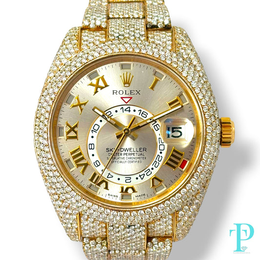 42MM 18KT ROSE GOLD ROLEX SKY-DWELLER PAVE VVS-1 DIAMOND BUSTDOWN MENS WATCH