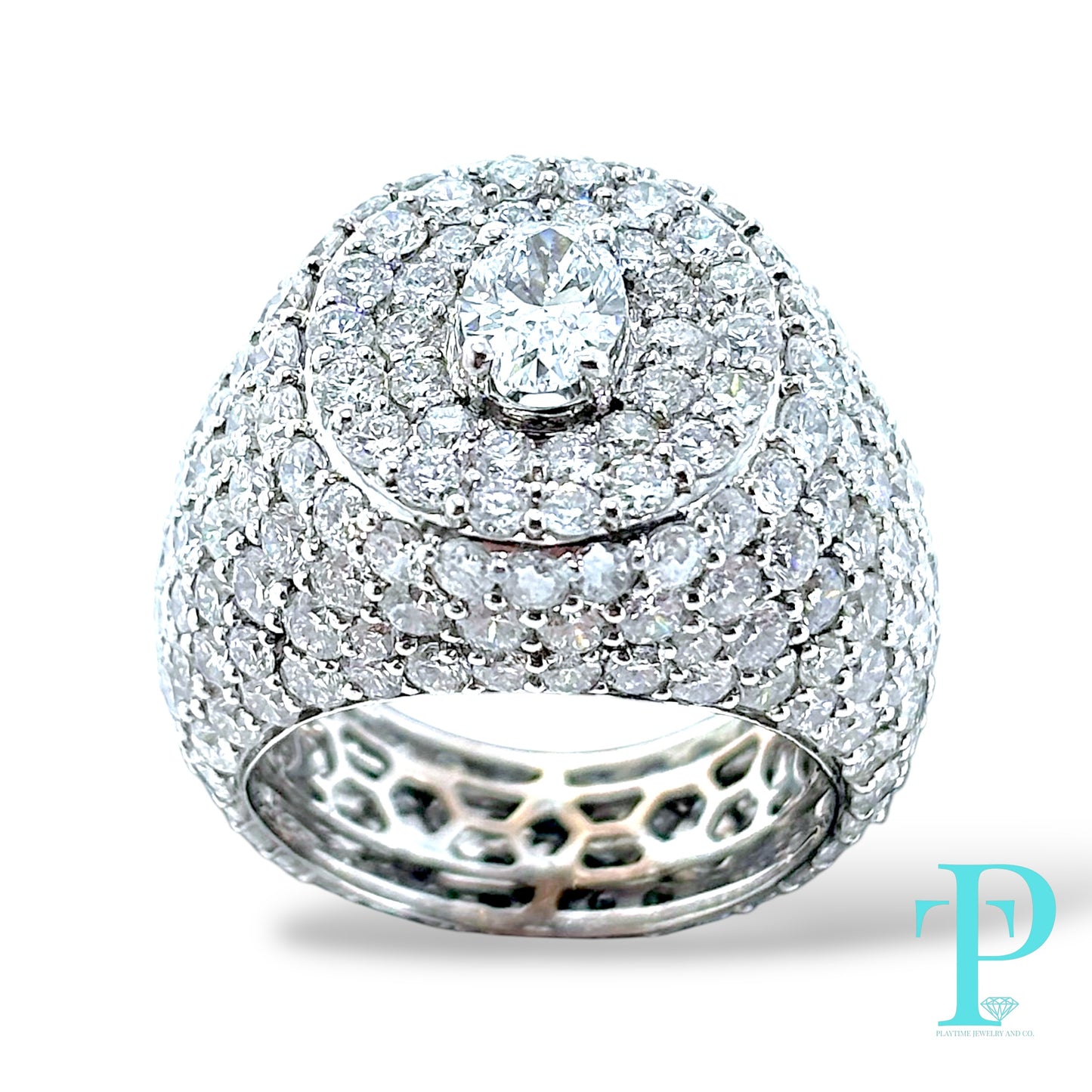 14KT WHITE GOLD “ICEBERG” RING 9.22CTW VVS-1 LAB-GROWN DIAMOND SIGNET RING