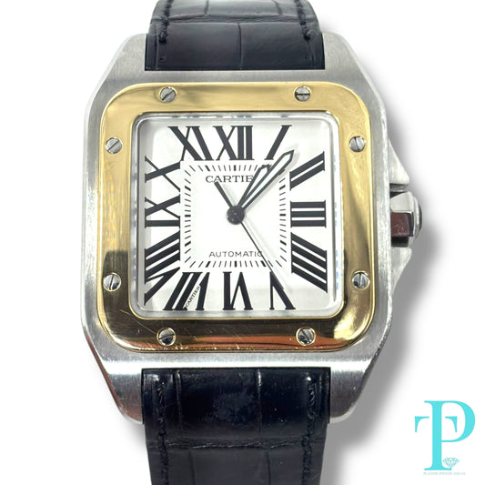 41MM CARTIER SANTOS 100 XL / 18KT YELLOW GOLD / STAINLESS STEEL / WHITE ROMAN DIAL / LEATHER BRACELET / AUTOMATIC MOVEMENT