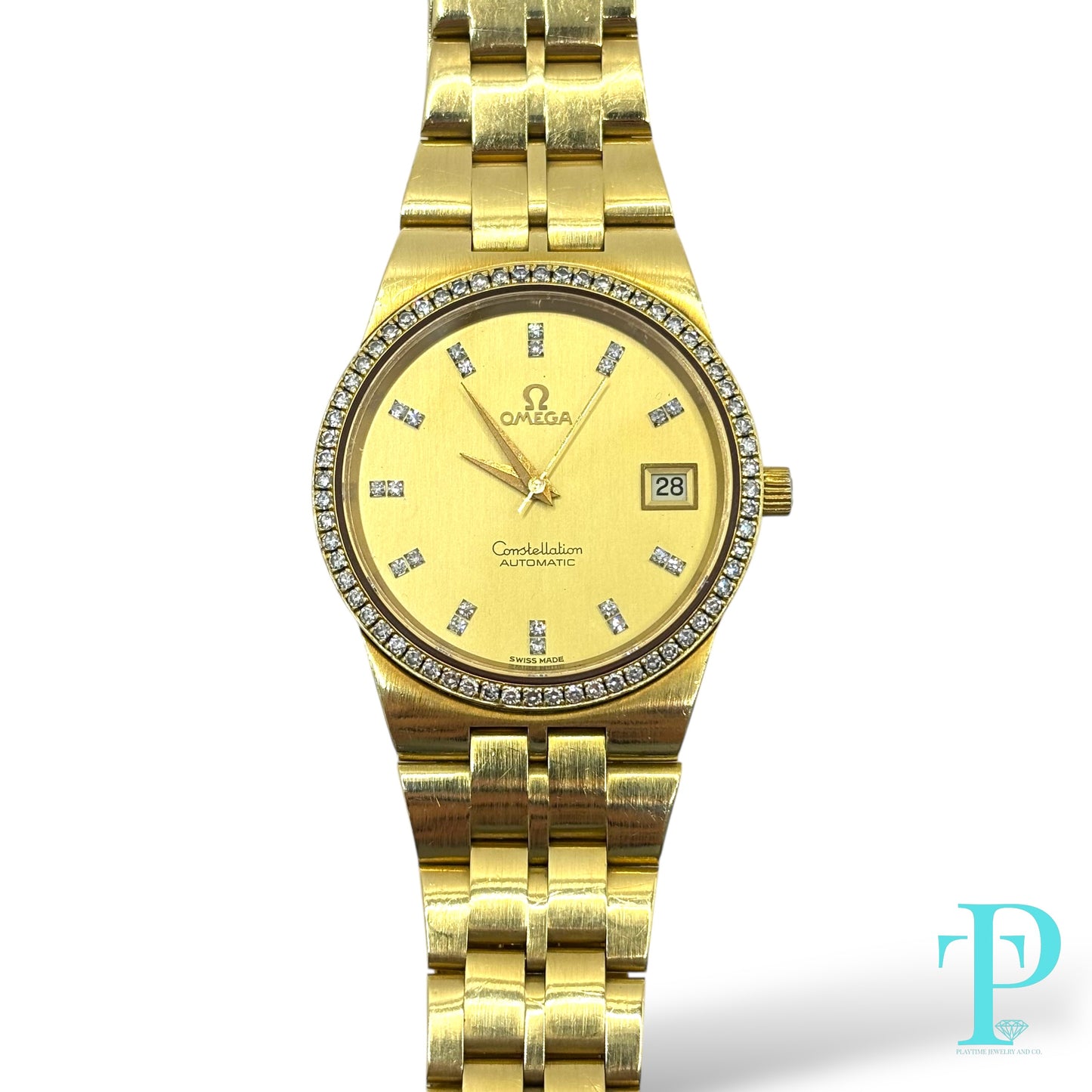 36MM OMEGA CONSTELLATION SOLID 18KT YELLOW GOLD / FACTORY DIAMOND SETTING / CHAMPAGNE DIAL DIAMOND HOUR MARKERS