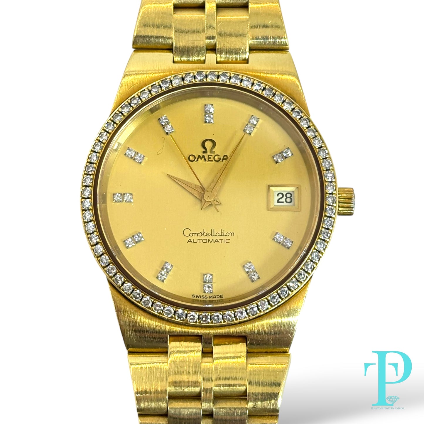 36MM OMEGA CONSTELLATION SOLID 18KT YELLOW GOLD / FACTORY DIAMOND SETTING / CHAMPAGNE DIAL DIAMOND HOUR MARKERS