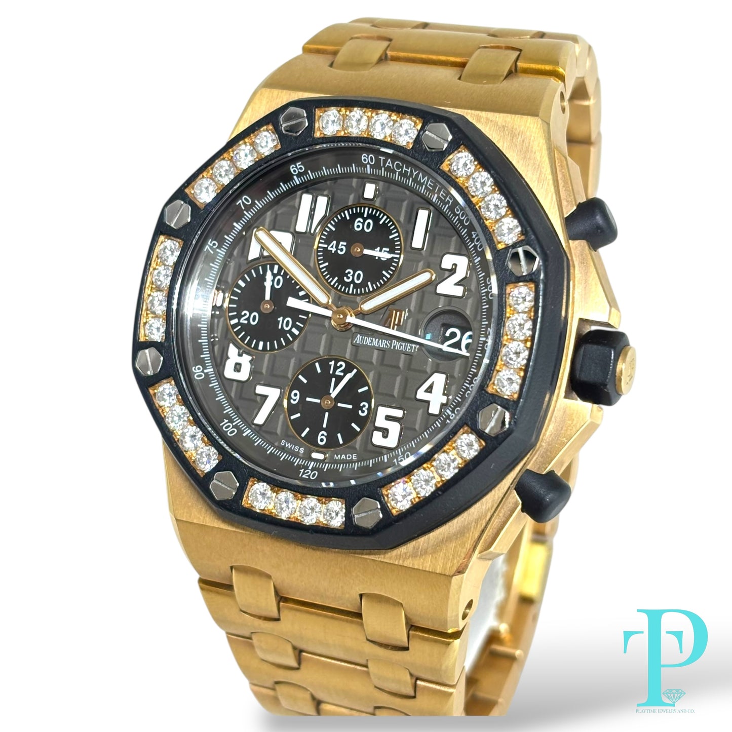 AUDEMARS PIAGUET ROYAL OAK OFFSHORE 44MM / 18KT ROSE GOLD / FACTORY DIAMOND BLACK RUBBER BEZEL / CHRONOGRAPH/ AUTOMATIC