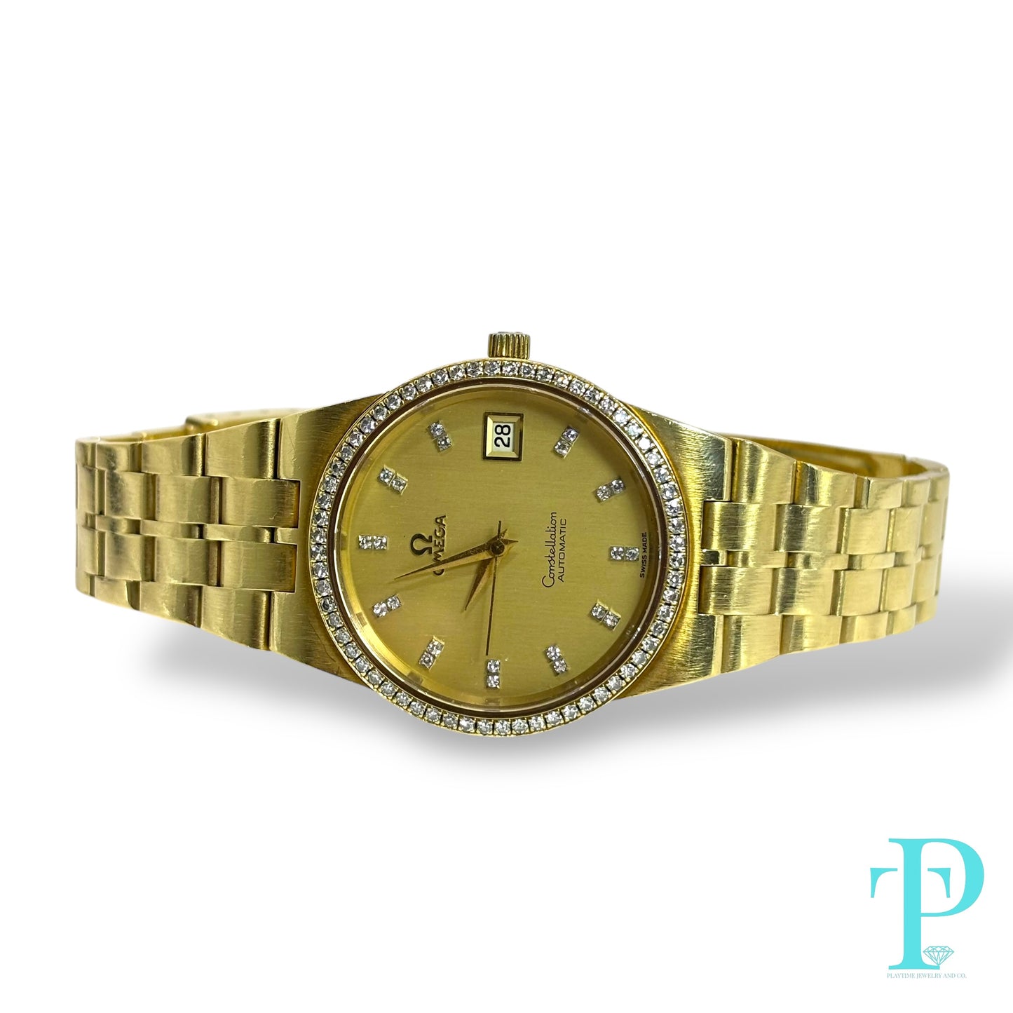 36MM OMEGA CONSTELLATION SOLID 18KT YELLOW GOLD / FACTORY DIAMOND SETTING / CHAMPAGNE DIAL DIAMOND HOUR MARKERS