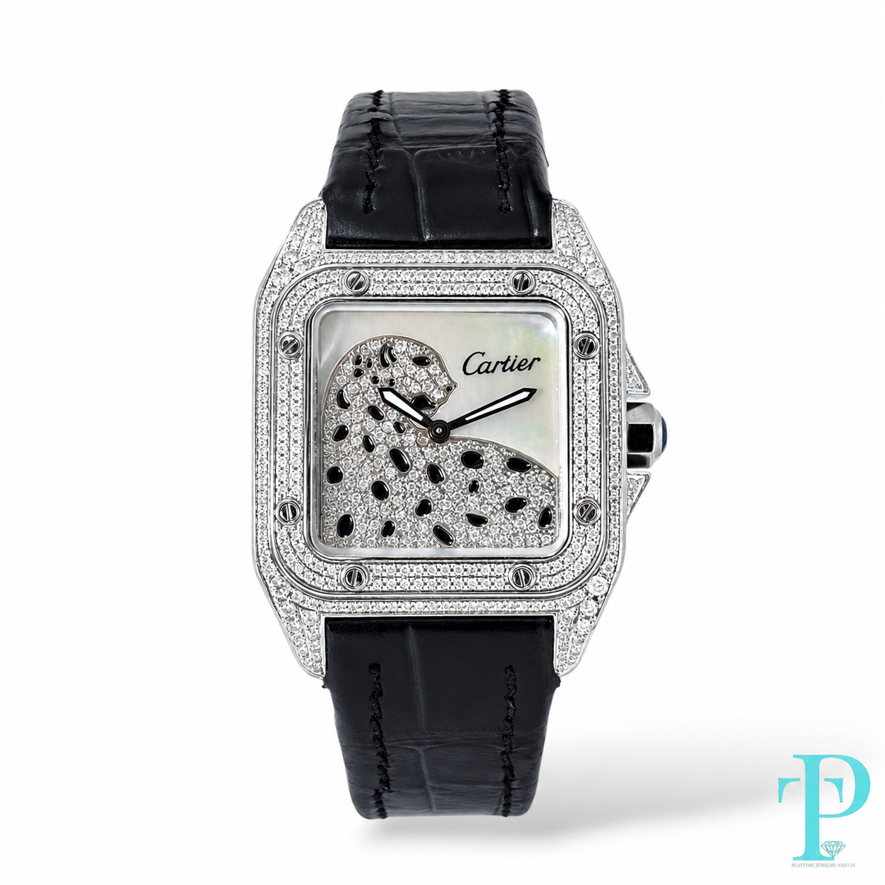 PRE-OWNED 34MM CARTIER SANTOS 1/1 CUSTOM DIAMOND SET WATCH