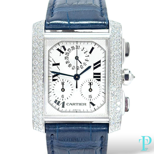 28MM CARTIER TANK FRANÇAISE CHRONOFLEX / 18KT WHITE GOLD / FACTORY DIAMOND BEZEL