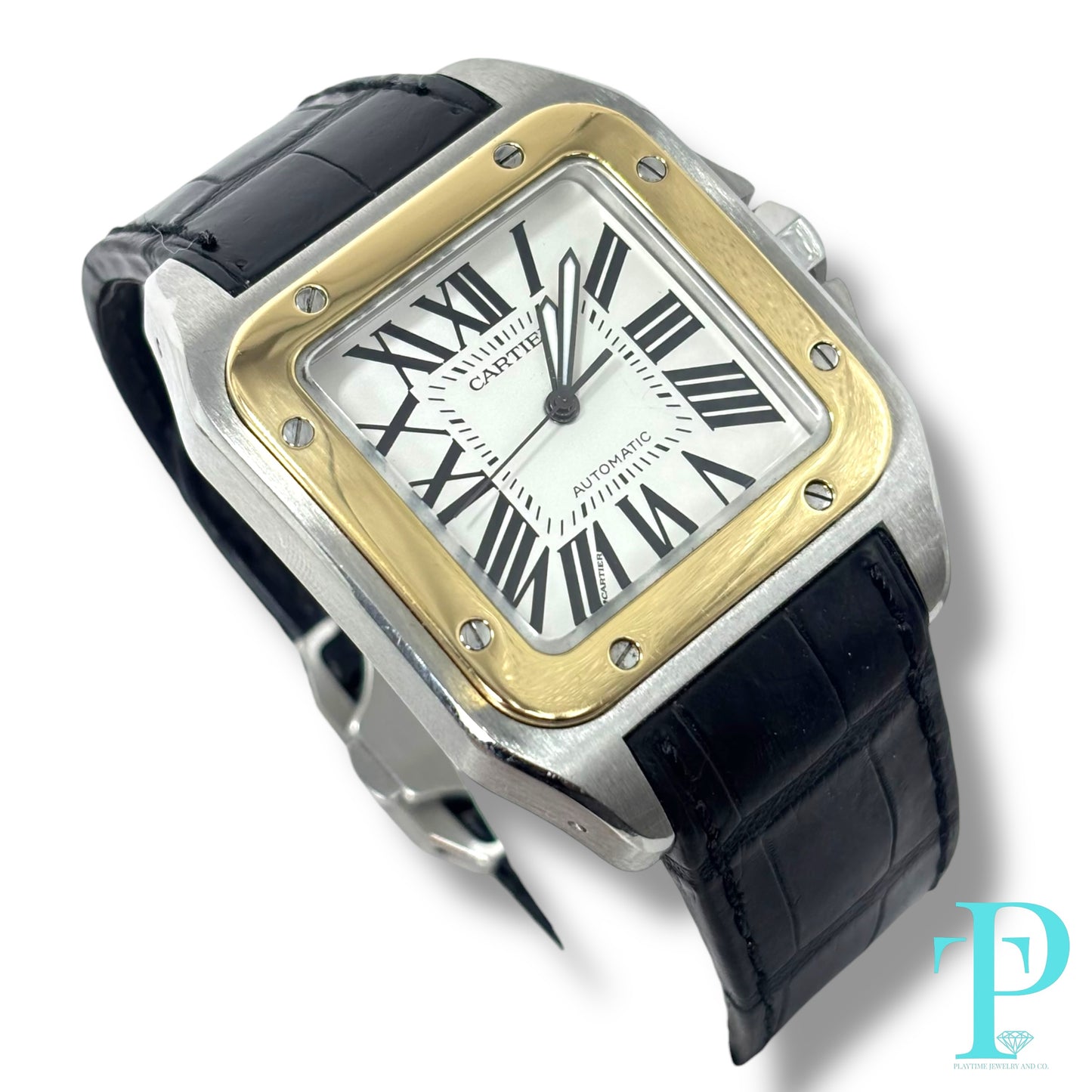 41MM CARTIER SANTOS 100 XL / 18KT YELLOW GOLD / STAINLESS STEEL / WHITE ROMAN DIAL / LEATHER BRACELET / AUTOMATIC MOVEMENT