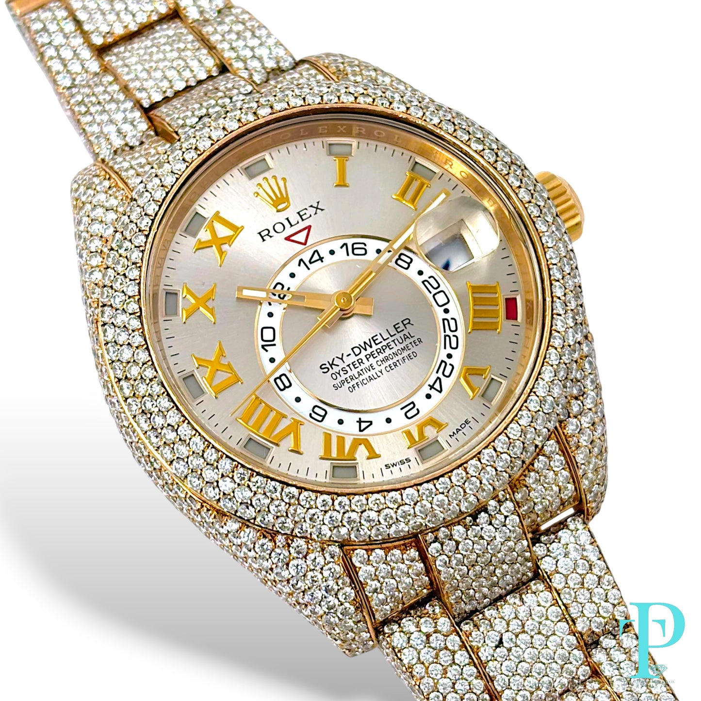42MM 18KT ROSE GOLD ROLEX SKY-DWELLER PAVE VVS-1 DIAMOND BUSTDOWN MENS WATCH