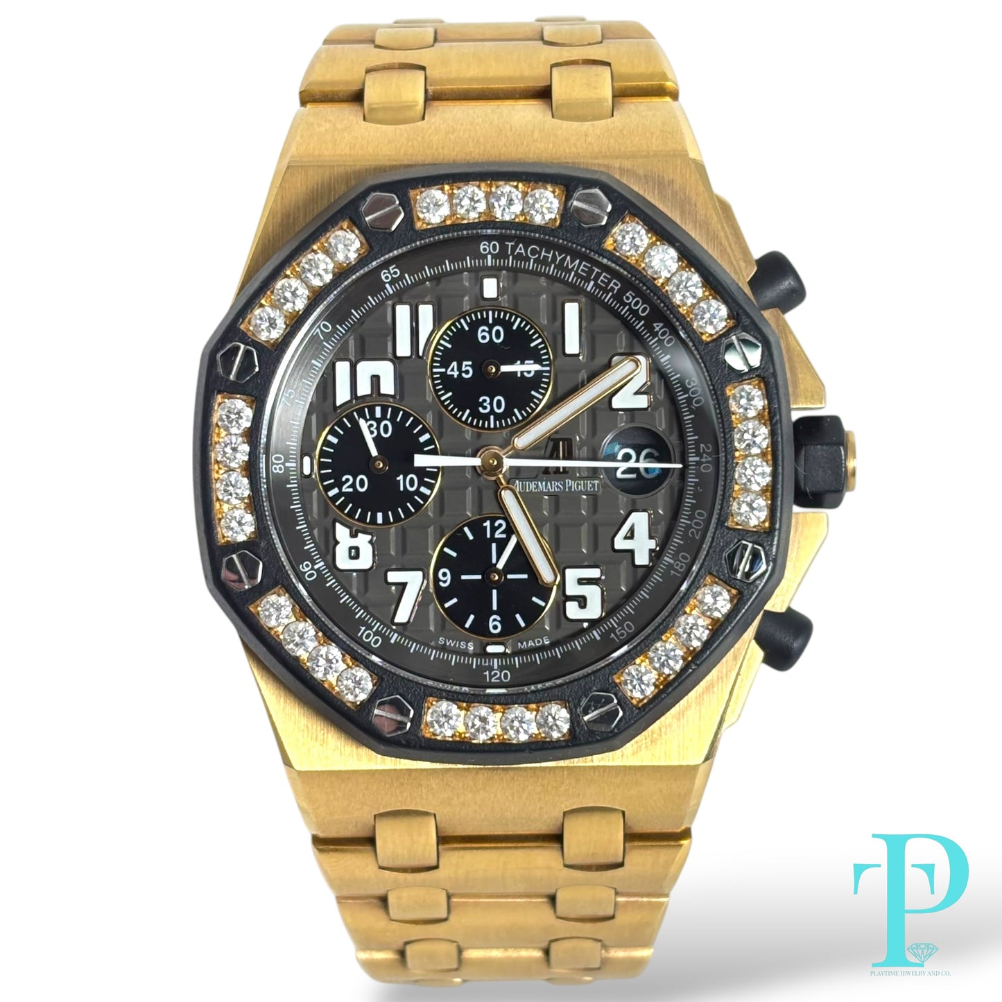 AUDEMARS PIAGUET ROYAL OAK OFFSHORE 44MM / 18KT ROSE GOLD / FACTORY DIAMOND BLACK RUBBER BEZEL / CHRONOGRAPH/ AUTOMATIC