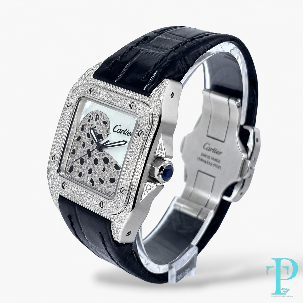 PRE-OWNED 34MM CARTIER SANTOS 1/1 CUSTOM DIAMOND SET WATCH
