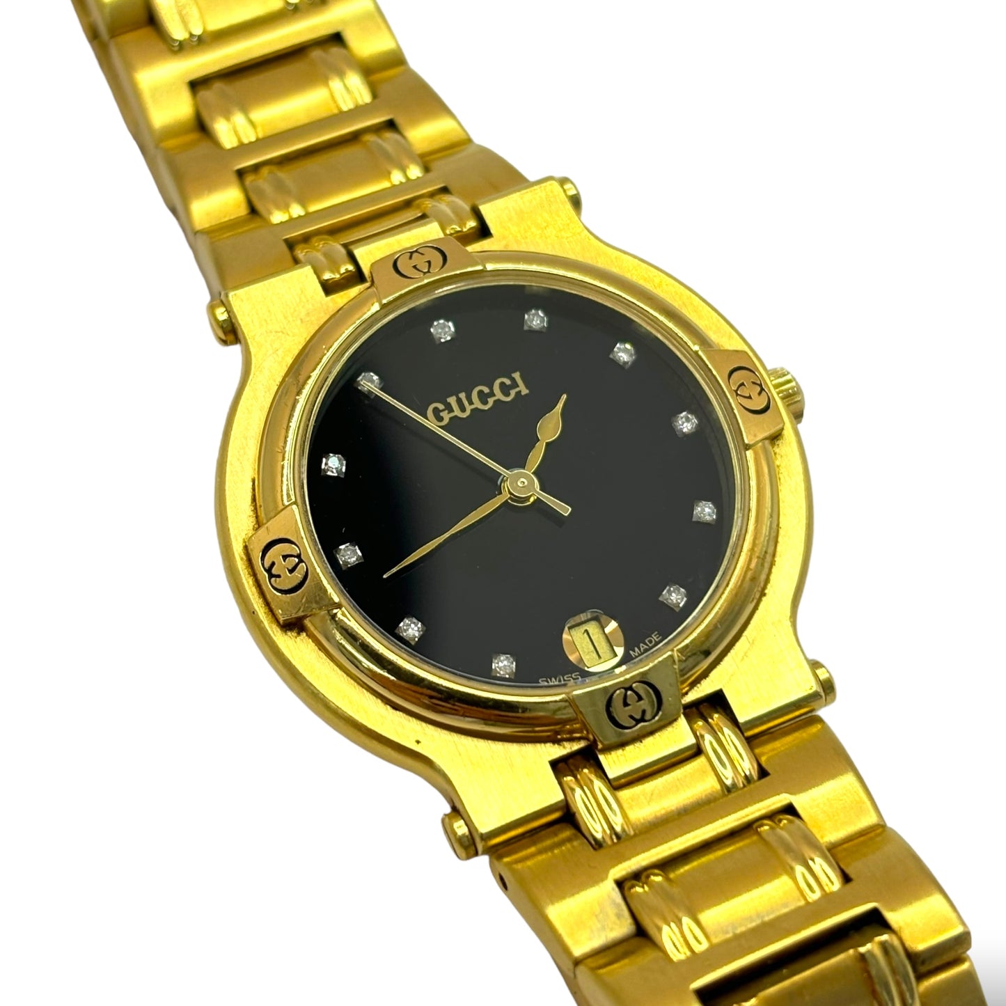 VINTAGE GUCCI 31MM GOLD PLATED DIAMOND DIAL WATCH