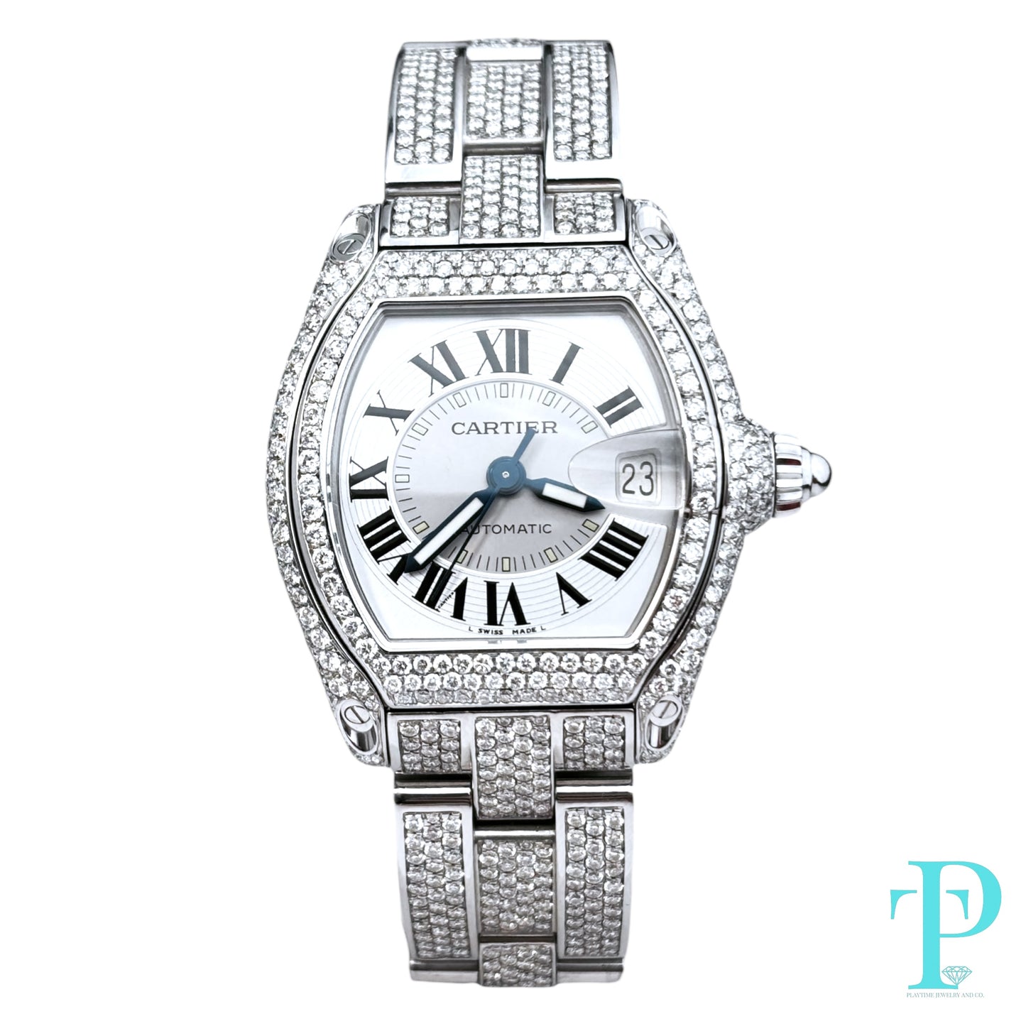 38MM CARTIER ROADSTER BUSTDOWN/DIAMOND ENCRUSTED REF. 2510 STAINLESS STEEL / WHITE ROMAN DIAL / AUTOMATIC MOVEMENT