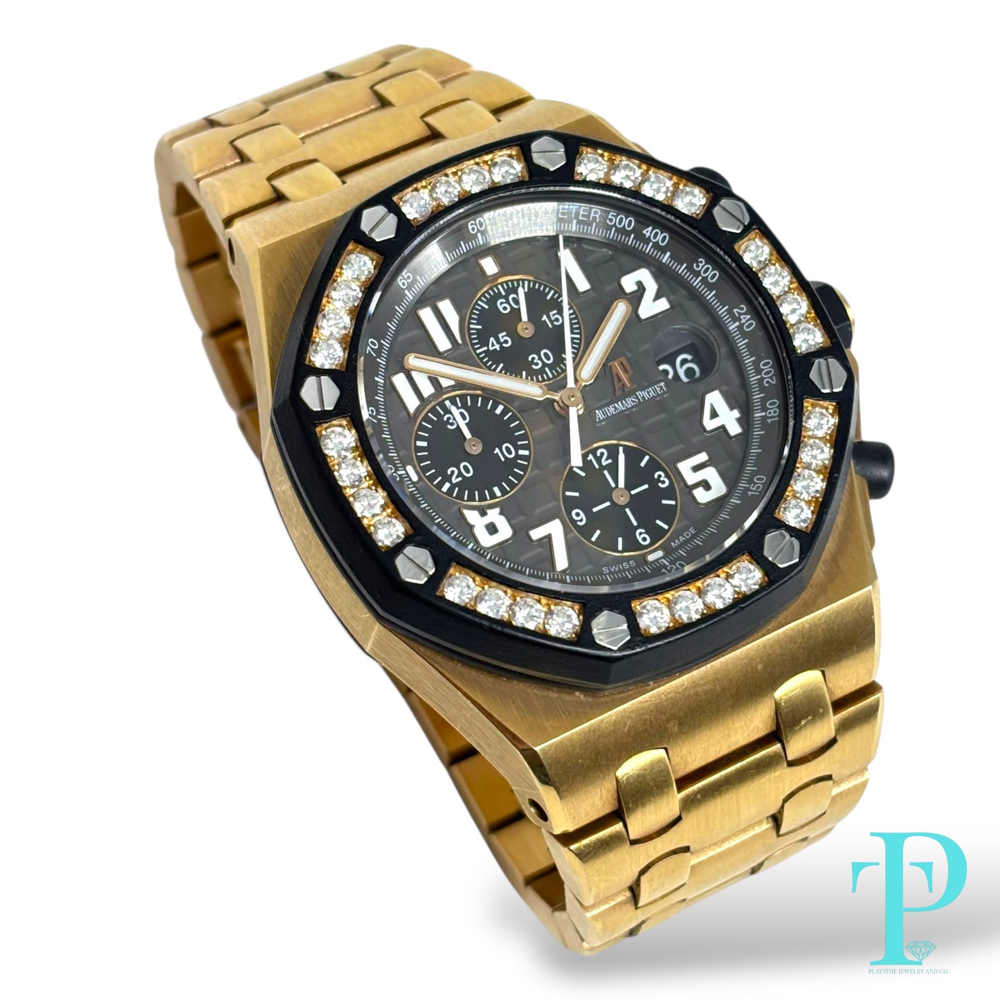 AUDEMARS PIAGUET ROYAL OAK OFFSHORE 44MM / 18KT ROSE GOLD / FACTORY DIAMOND BLACK RUBBER BEZEL / CHRONOGRAPH/ AUTOMATIC