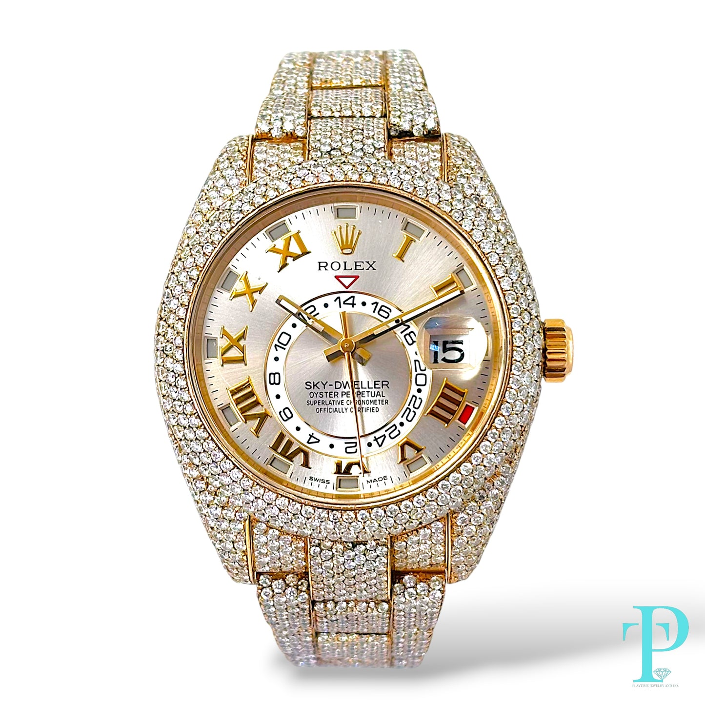 42MM 18KT ROSE GOLD ROLEX SKY-DWELLER PAVE VVS-1 DIAMOND BUSTDOWN MENS WATCH
