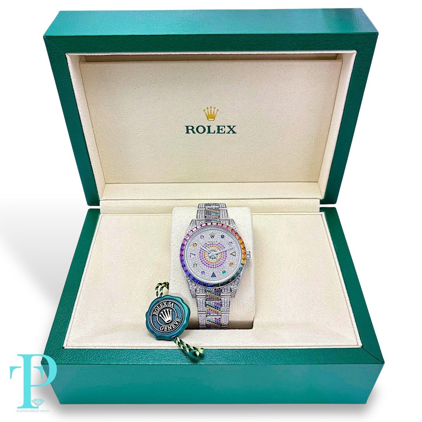 41MM ROLEX DATEJUST RAINBOW SAPPHIRE & DIAMOND BUSTDOWN MEN’S WATCH / REF. 116300