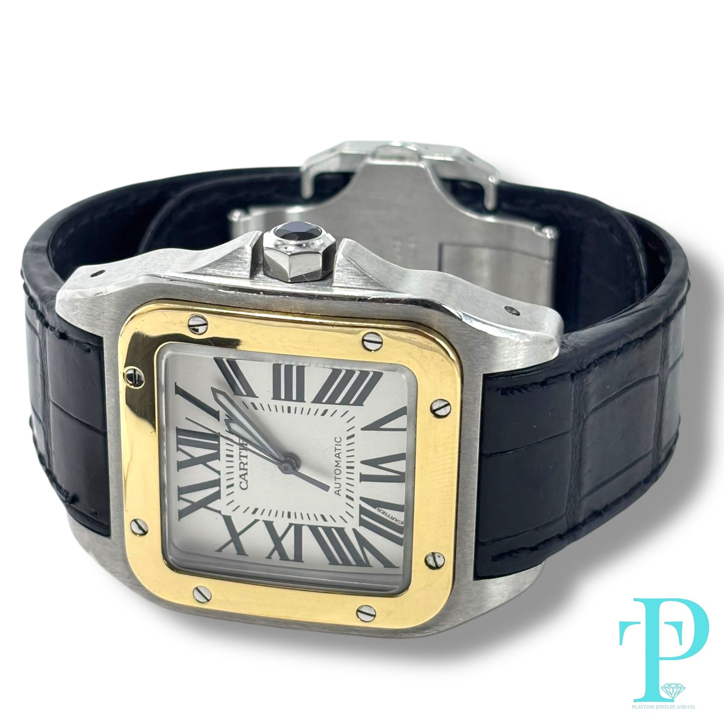 41MM CARTIER SANTOS 100 XL / 18KT YELLOW GOLD / STAINLESS STEEL / WHITE ROMAN DIAL / LEATHER BRACELET / AUTOMATIC MOVEMENT
