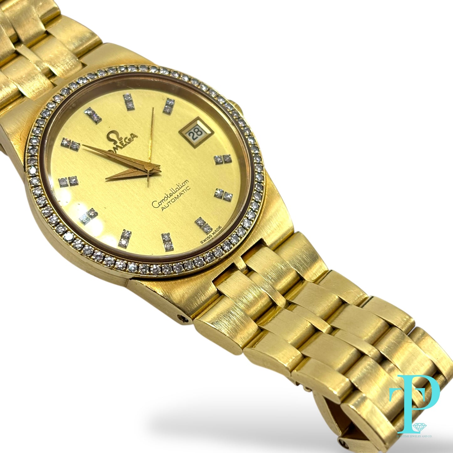36MM OMEGA CONSTELLATION SOLID 18KT YELLOW GOLD / FACTORY DIAMOND SETTING / CHAMPAGNE DIAL DIAMOND HOUR MARKERS