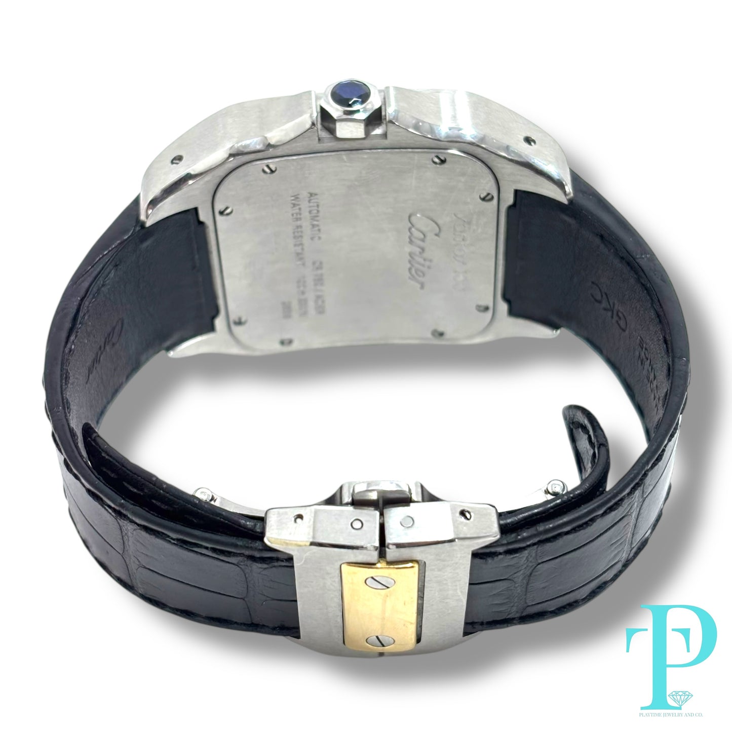 41MM CARTIER SANTOS 100 XL / 18KT YELLOW GOLD / STAINLESS STEEL / WHITE ROMAN DIAL / LEATHER BRACELET / AUTOMATIC MOVEMENT