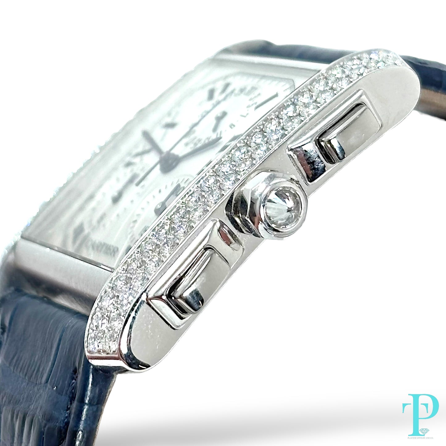 28MM CARTIER TANK FRANÇAISE CHRONOFLEX / 18KT WHITE GOLD / FACTORY DIAMOND BEZEL