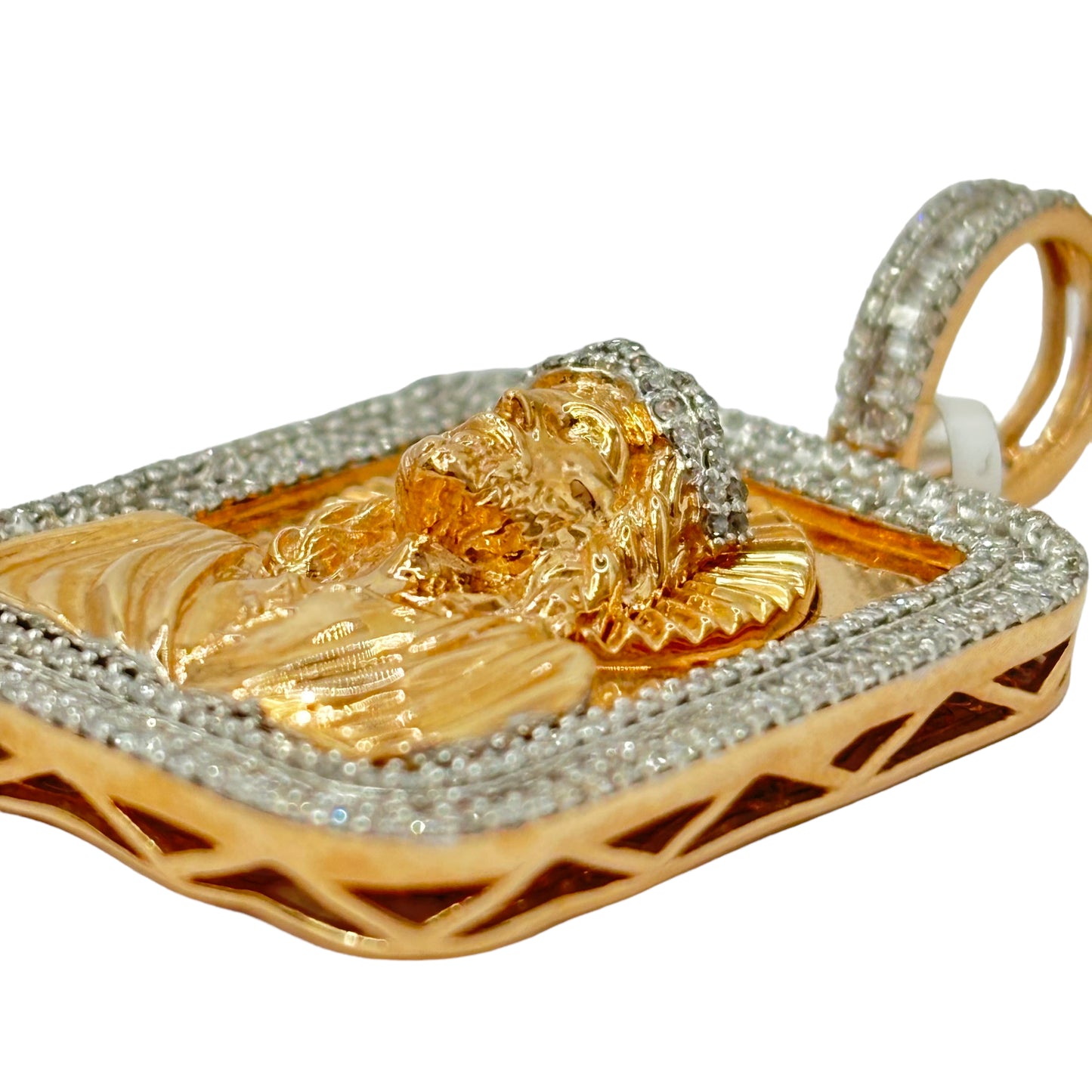 SOLID 14KT GOLD VVS-1 NATURAL DIAMOND JESUS BAGUETTE BORDER PENDANT