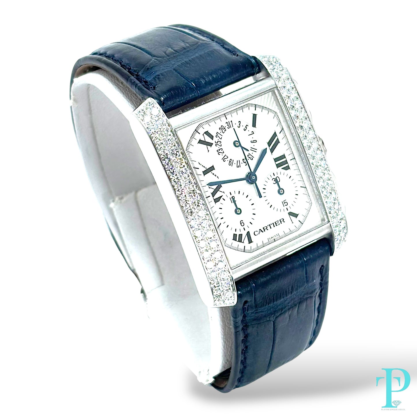 28MM CARTIER TANK FRANÇAISE CHRONOFLEX / 18KT WHITE GOLD / FACTORY DIAMOND BEZEL