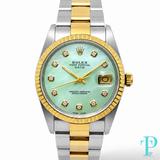 PRE-OWNED 34MM ROLEX DATE REF.15053 PISTACHIO DIAL