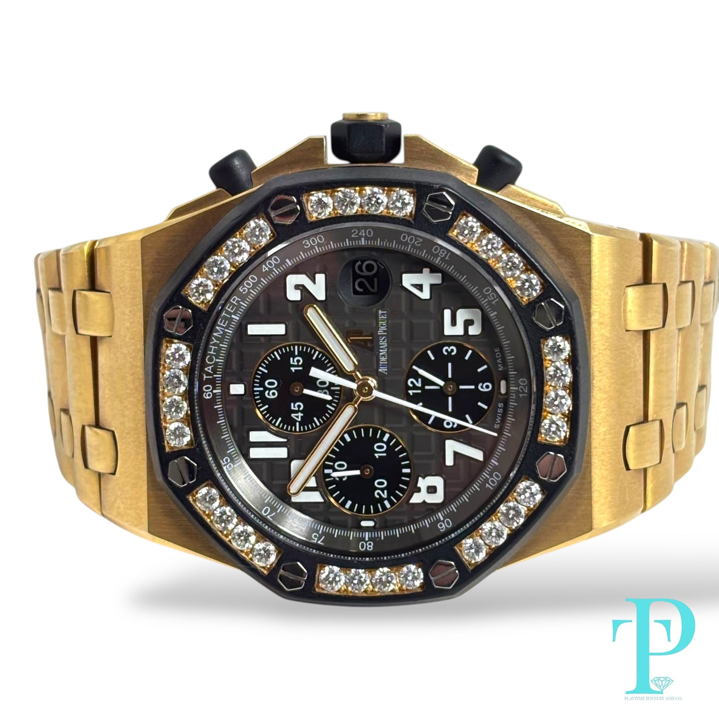 AUDEMARS PIAGUET ROYAL OAK OFFSHORE 44MM / 18KT ROSE GOLD / FACTORY DIAMOND BLACK RUBBER BEZEL / CHRONOGRAPH/ AUTOMATIC