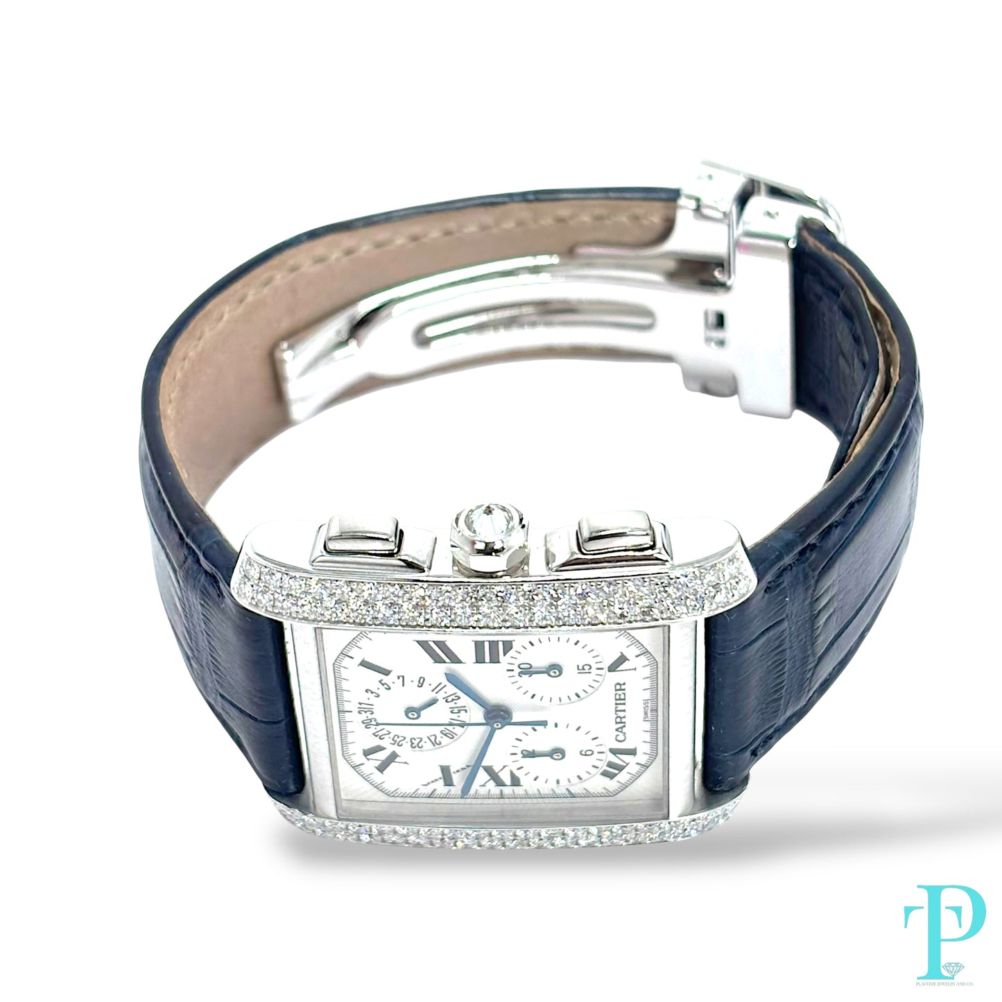 28MM CARTIER TANK FRANÇAISE CHRONOFLEX / 18KT WHITE GOLD / FACTORY DIAMOND BEZEL