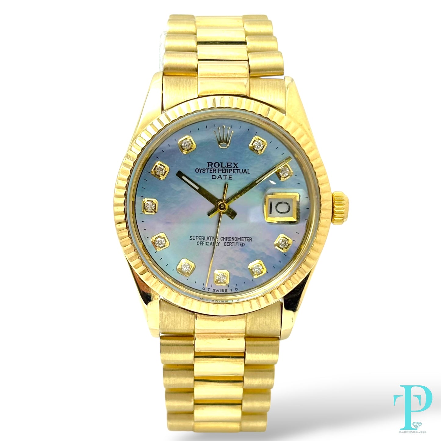 34MM ROLEX DATE REF.1510 / 14KT SOLID GOLD / MOP DIAL / PRESIDENTIAL BRACELET / AUTOMATIC