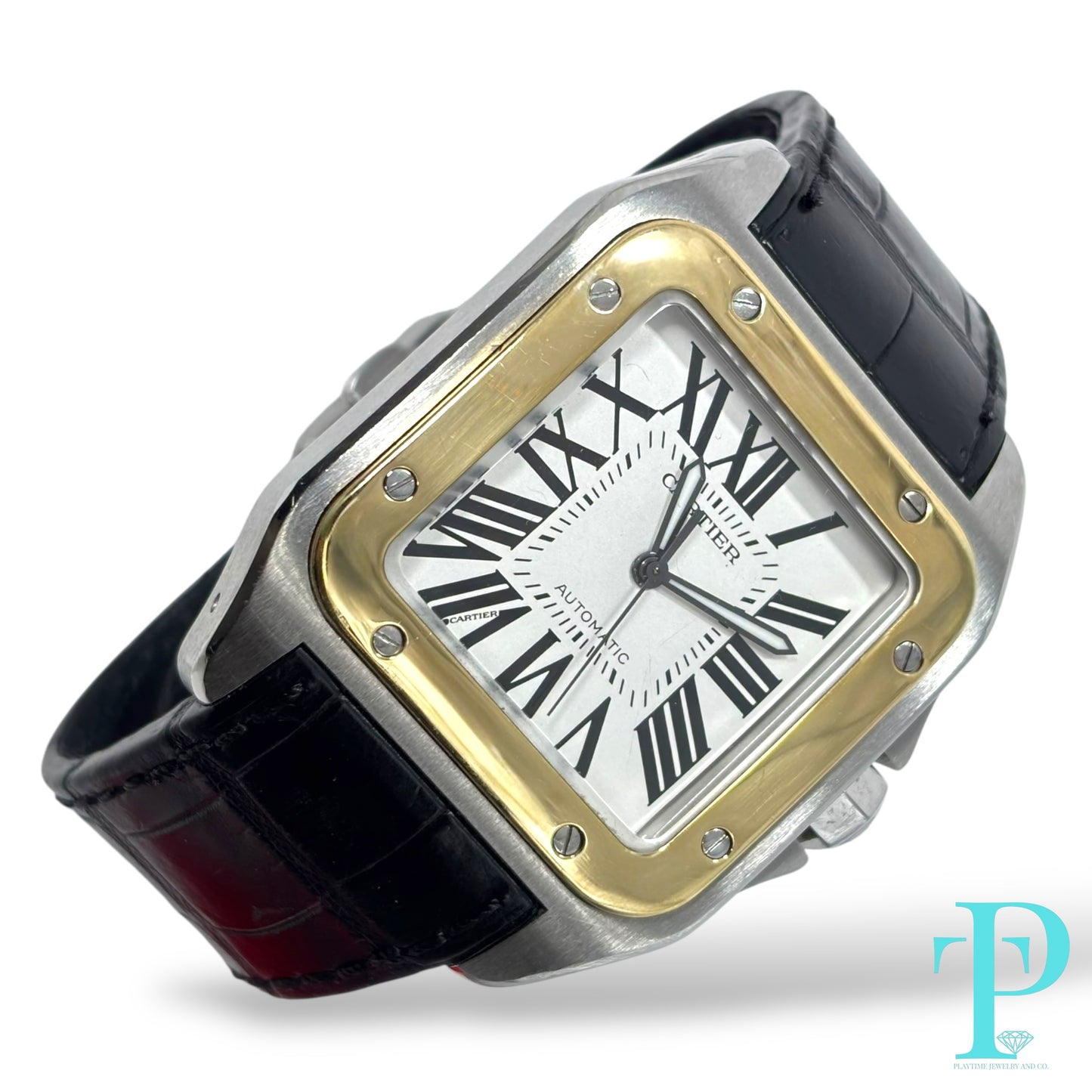 41MM CARTIER SANTOS 100 XL / 18KT YELLOW GOLD / STAINLESS STEEL / WHITE ROMAN DIAL / LEATHER BRACELET / AUTOMATIC MOVEMENT