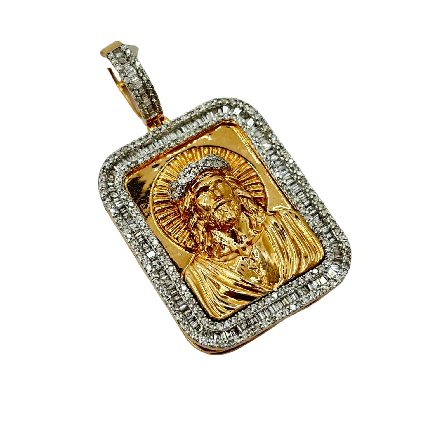 SOLID 14KT GOLD VVS-1 NATURAL DIAMOND JESUS BAGUETTE BORDER PENDANT