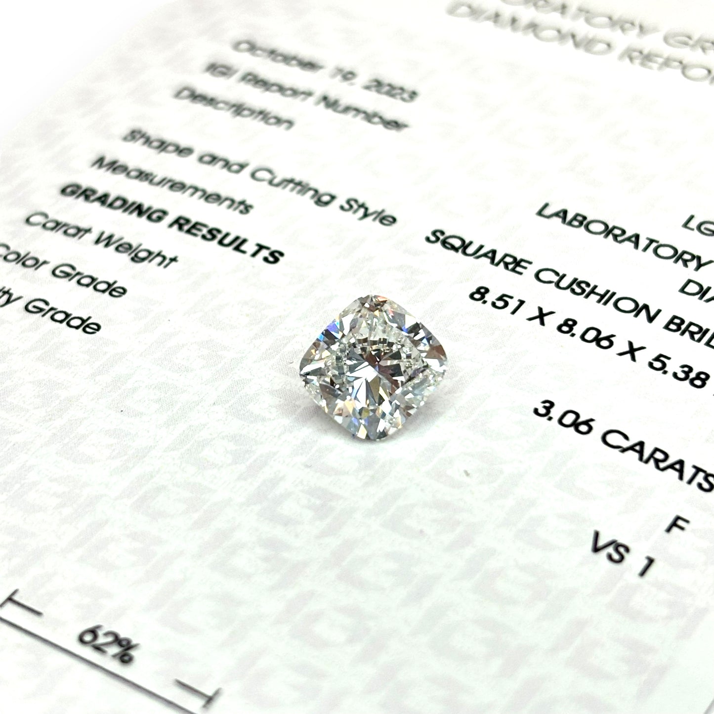 3.06CTW CUSHION-CUT F-COLOR / VS-1 IGI CERTIFIED LAB-GROWN DIAMOND