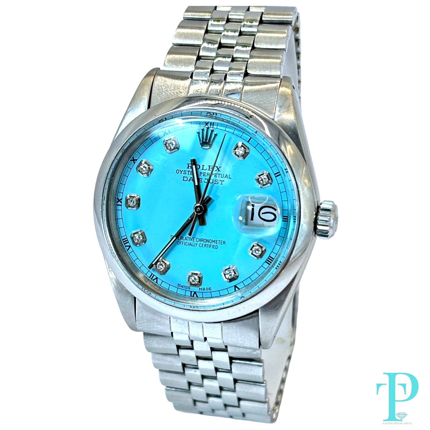 36MM ROLEX DATEJUST REF.16013 STAINLESS STEEL / TIFFANY BLUE DIAMOND DIAL
