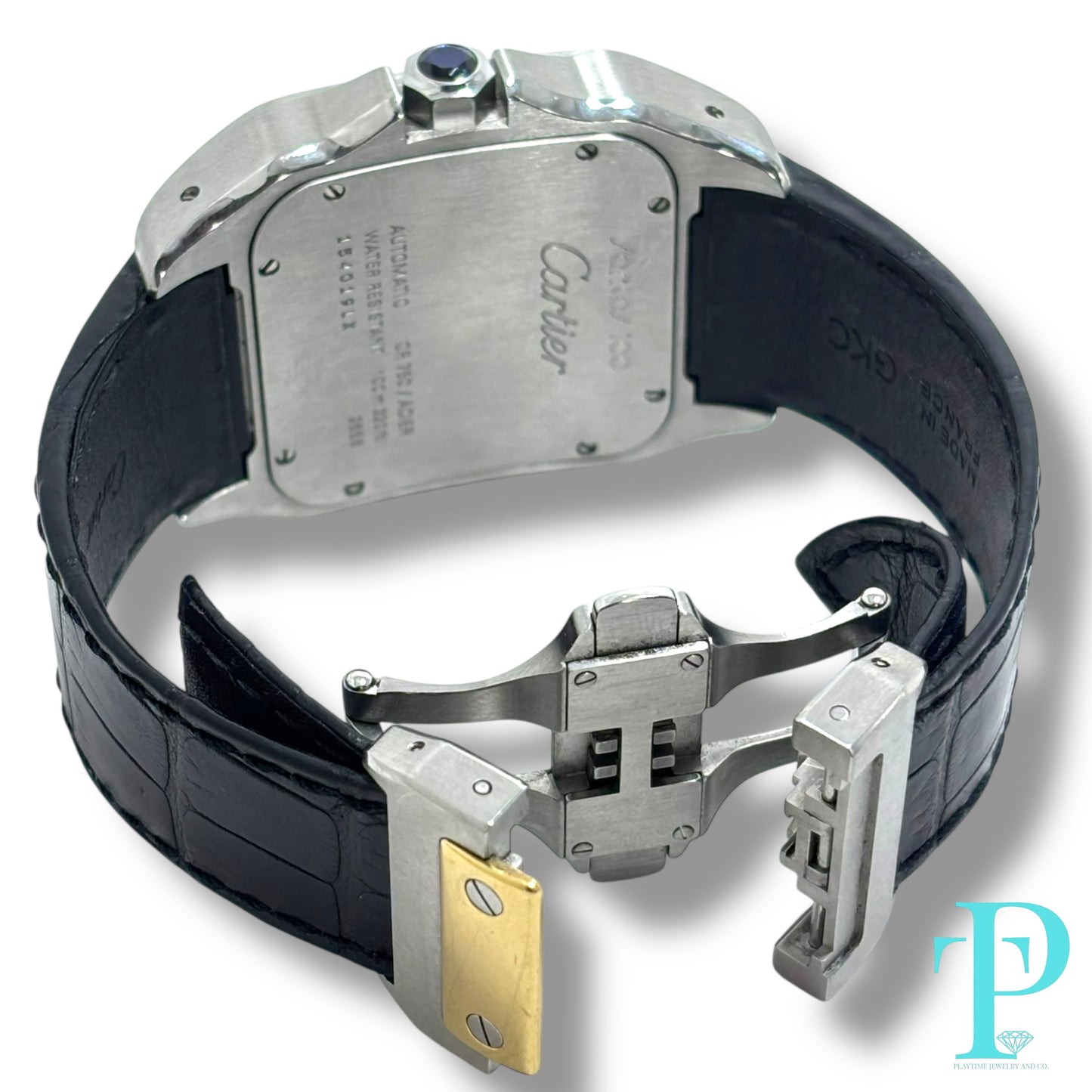 41MM CARTIER SANTOS 100 XL / 18KT YELLOW GOLD / STAINLESS STEEL / WHITE ROMAN DIAL / LEATHER BRACELET / AUTOMATIC MOVEMENT