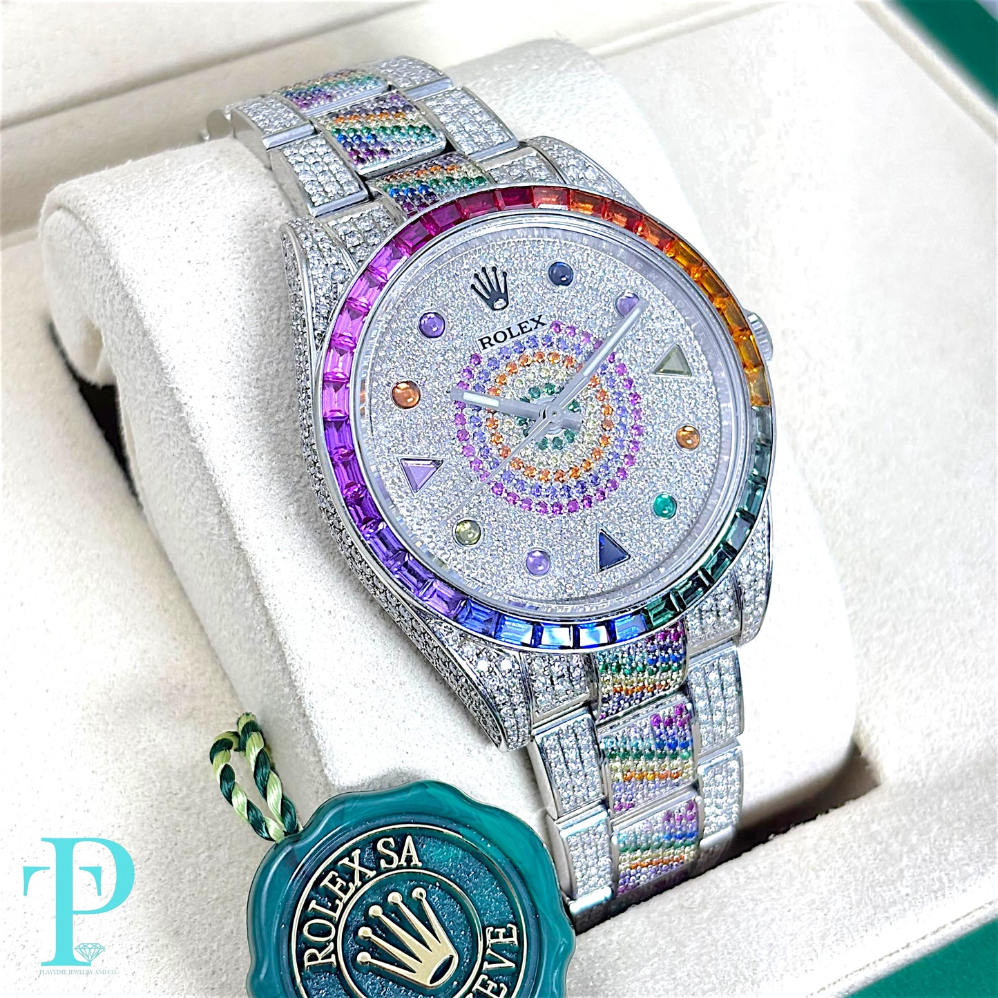 41MM ROLEX DATEJUST RAINBOW SAPPHIRE & DIAMOND BUSTDOWN MEN’S WATCH / REF. 116300