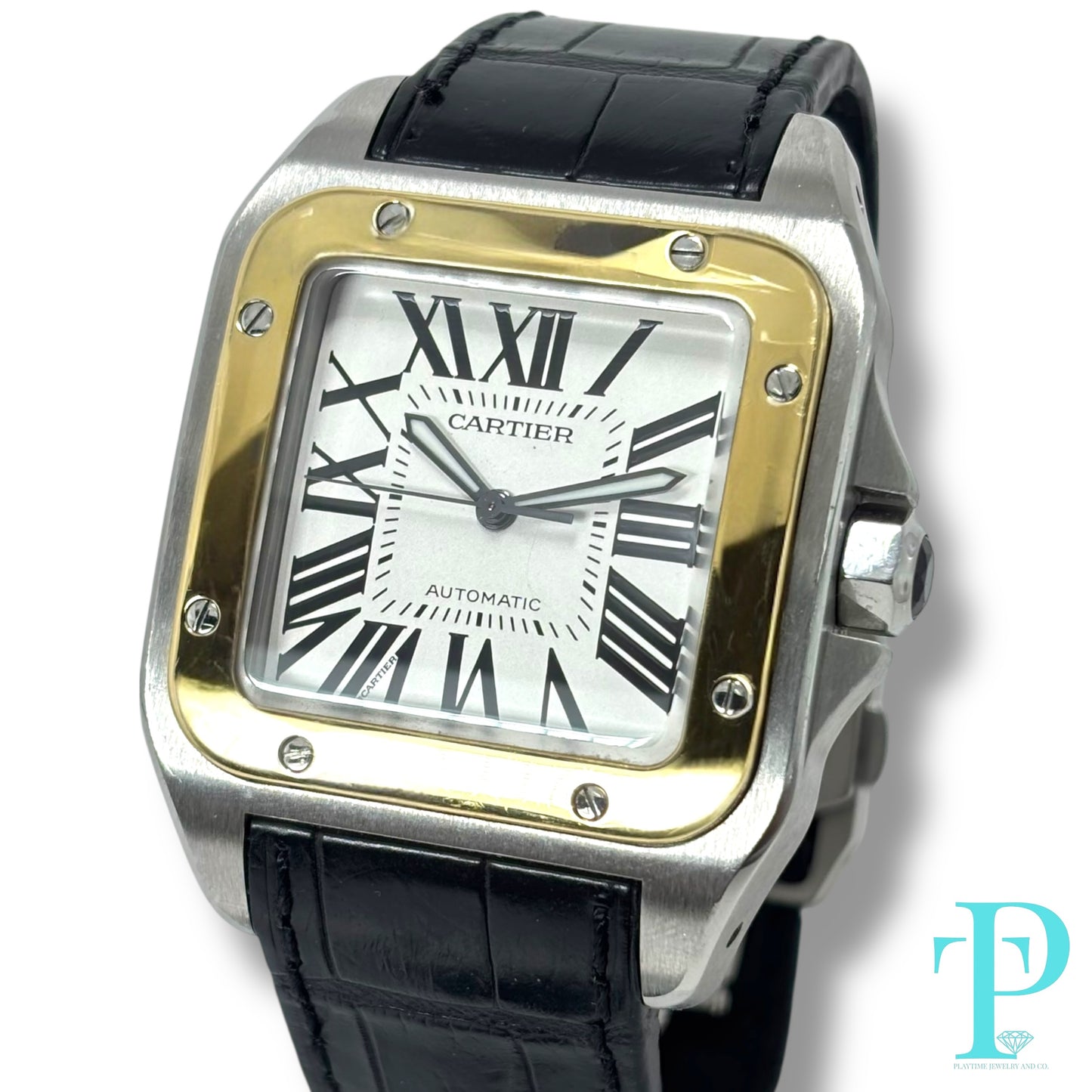 41MM CARTIER SANTOS 100 XL / 18KT YELLOW GOLD / STAINLESS STEEL / WHITE ROMAN DIAL / LEATHER BRACELET / AUTOMATIC MOVEMENT